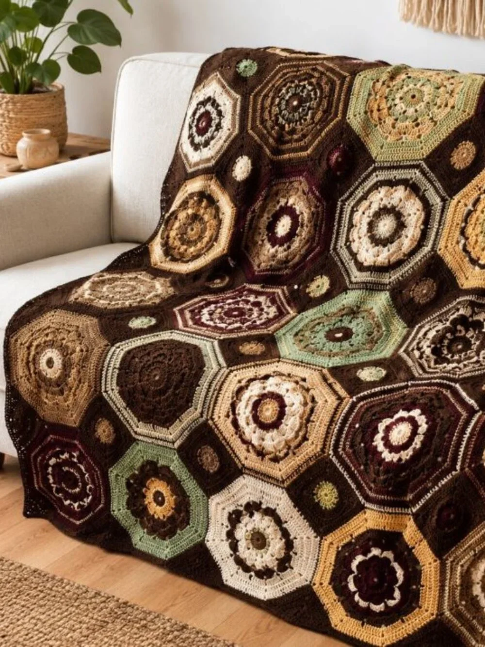 Vintage Handmade Crochet Afghan Blanket 66x81 Earth Tone Floral Boho Grannycore